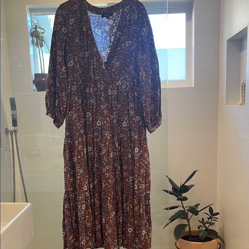 Madewell Long Sleeve Floral Dress - Brown and White and Blue